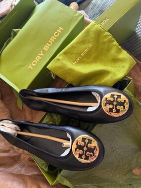 Tory Burch Black Leather Ballet Flats with Gold Logo